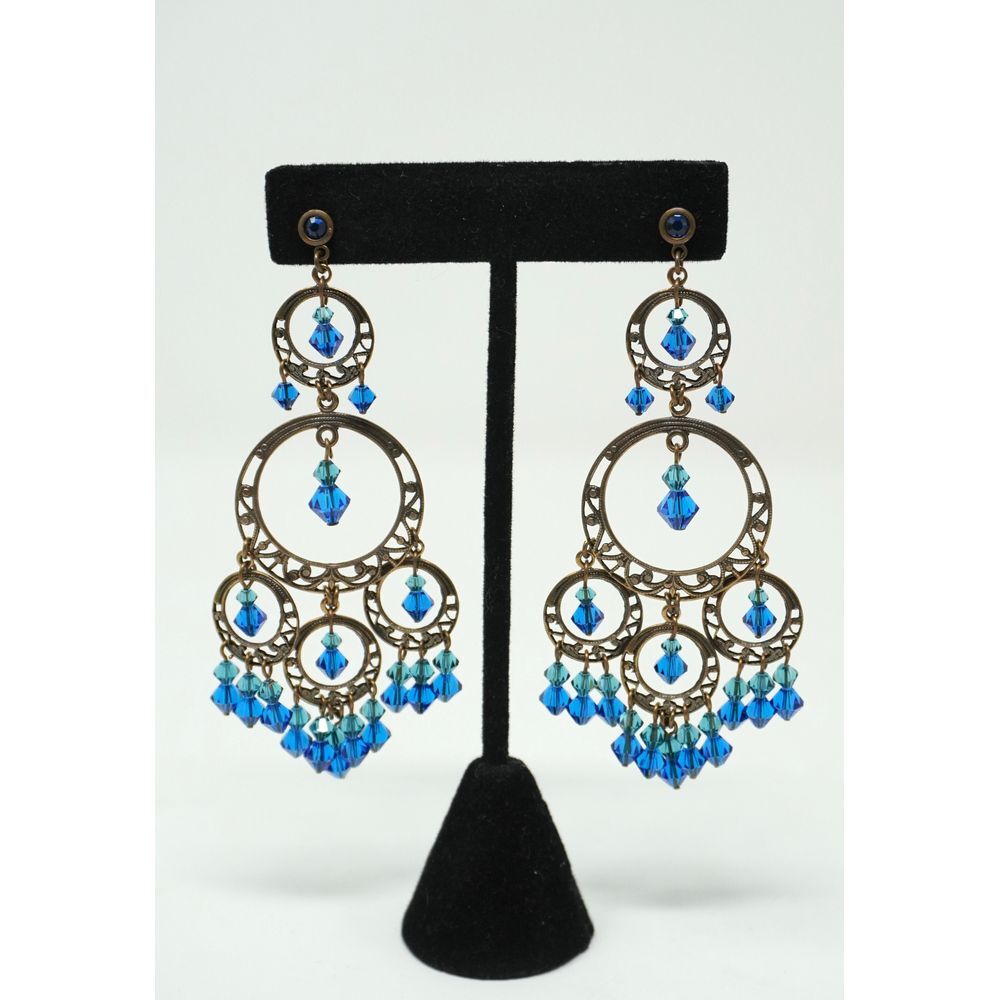 Vintage Estate Antiqued Brass & Sapphire Crystal Three Tier Chandelier Earrings